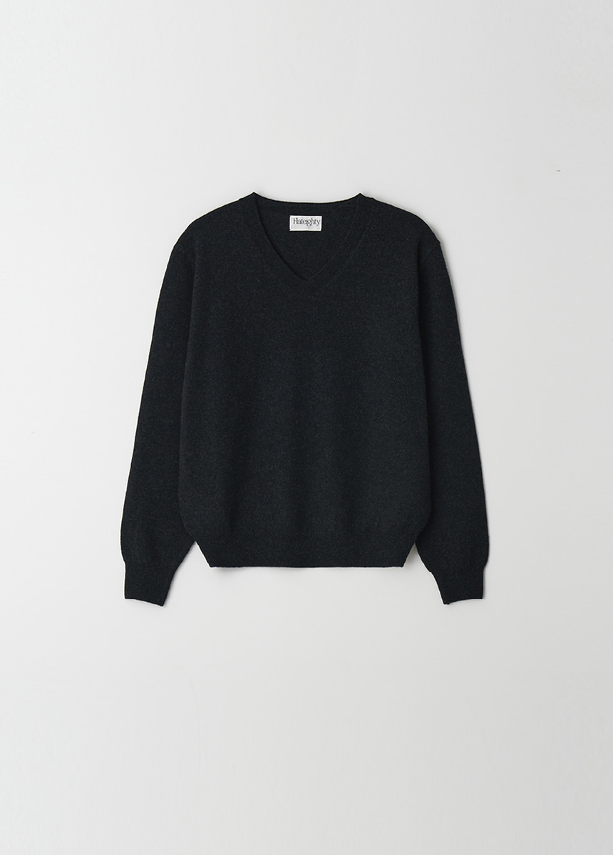 V-Neck Extra Fine Wool Knit  (Charcoal)